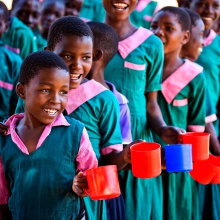 Children line up with mugs for food