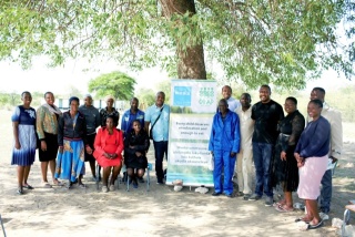 a group of people standing on either side of a sign outdoors under the shade of a tree