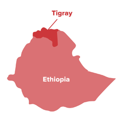 Map of Ethiopia in red, with the region of Tigray in the north highlighted in a darker shade of red.